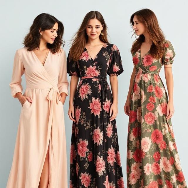 3-panel: wrap dress, puff sleeve dress, floral maxi