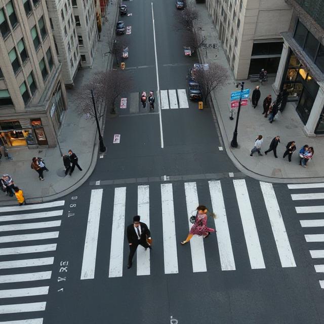 Aerial view of NYC with fashionably dressed people crossing a street