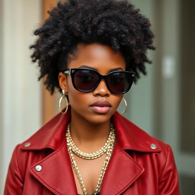 Afro puff or twist-out style with statement sunglasses