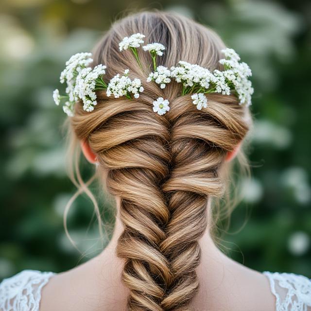 Back view of crown braid with baby’s breath flowers