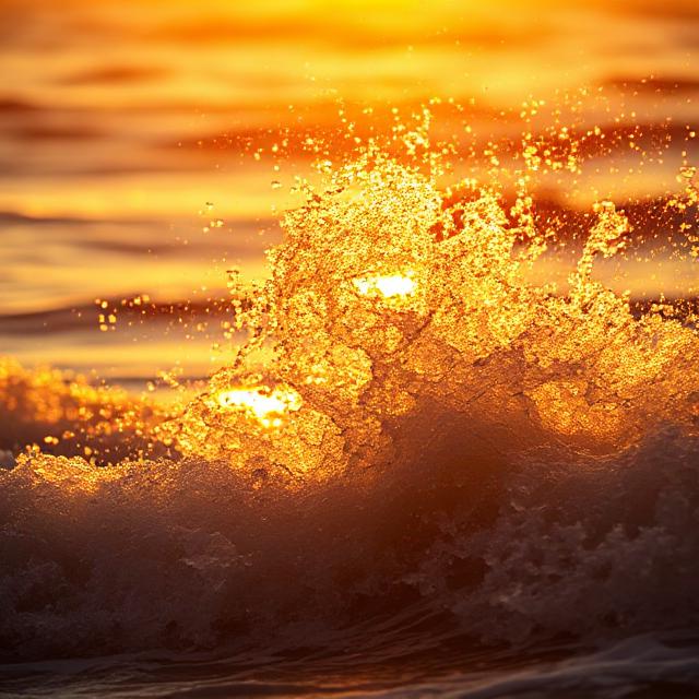 Backlit golden hour shot with wet waves blowing in wind