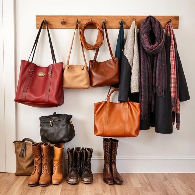 Bag collection styled next to coat rack, boots, and scarf