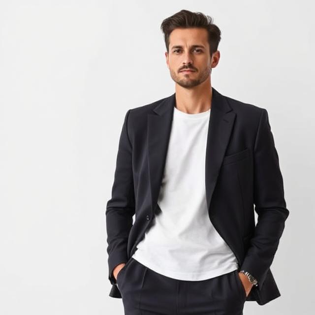 Blazer paired with t-shirt and trousers look