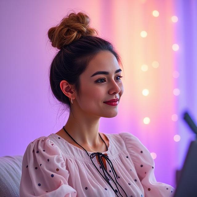 Blouse and messy bun combo on Zoom call with aesthetic lighting