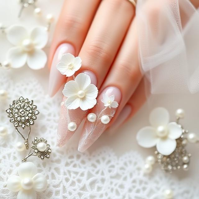 Bridal White-on-White Floral Nails