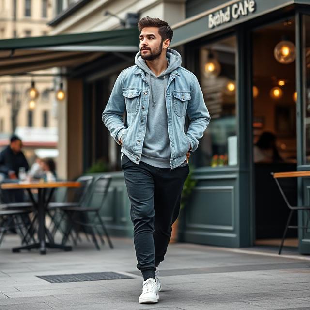 Urban brunch scene with man walking by café wearing light blue denim jacket over grey hoodie, tapered black joggers, and white sneakers, street-style fashion photography