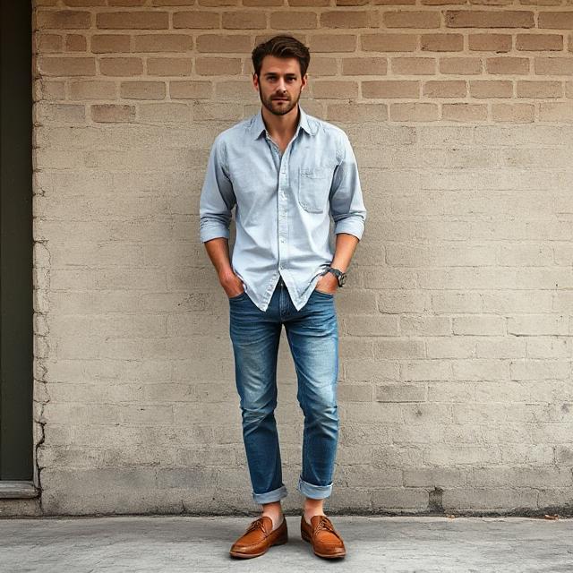 an seated on brunch patio near ocean, wearing light blue oxford shirt, rolled denim jeans, brown boat shoes, sunglasses on head, bright sunlight and rustic café table