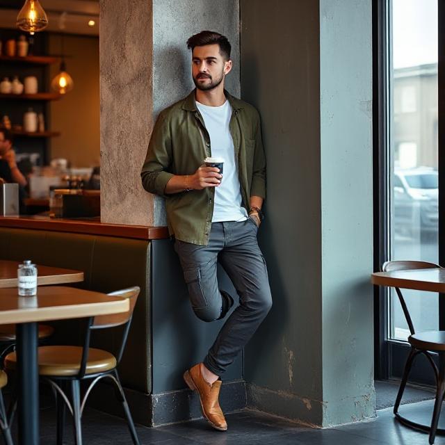 Modern man leaning against café wall in olive overshirt, white tee, tapered cargo pants, tan Chelsea boots, with cappuccino in hand, industrial brunch setting