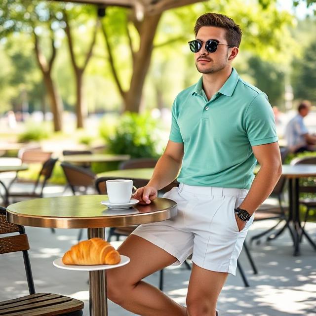Young man in sunny park-side café, wearing mint green polo shirt, white pleated shorts, brown leather loafers, round sunglasses, croissant and coffee on outdoor table
