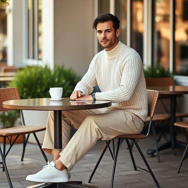 Man sitting at outdoor brunch table, wearing cream knit sweater, relaxed-fit beige trousers, white sneakers, latte on table, warm light, fashion editorial style