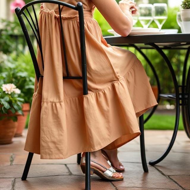Brunch patio shot with skirt draped over chair, sandals visible under table