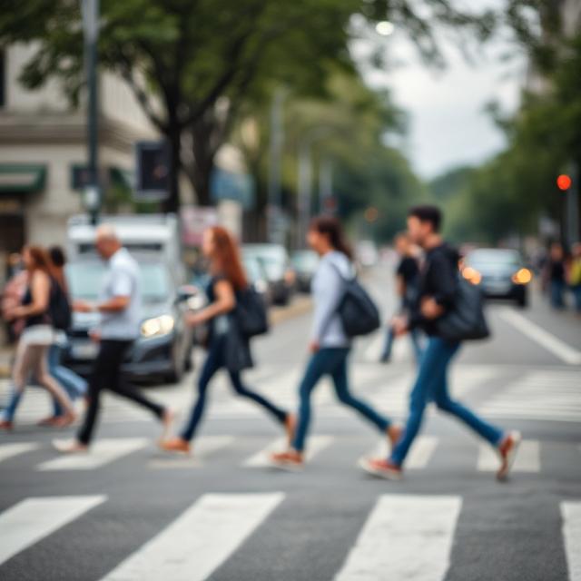 Candid street style shot crossing road, blurred background