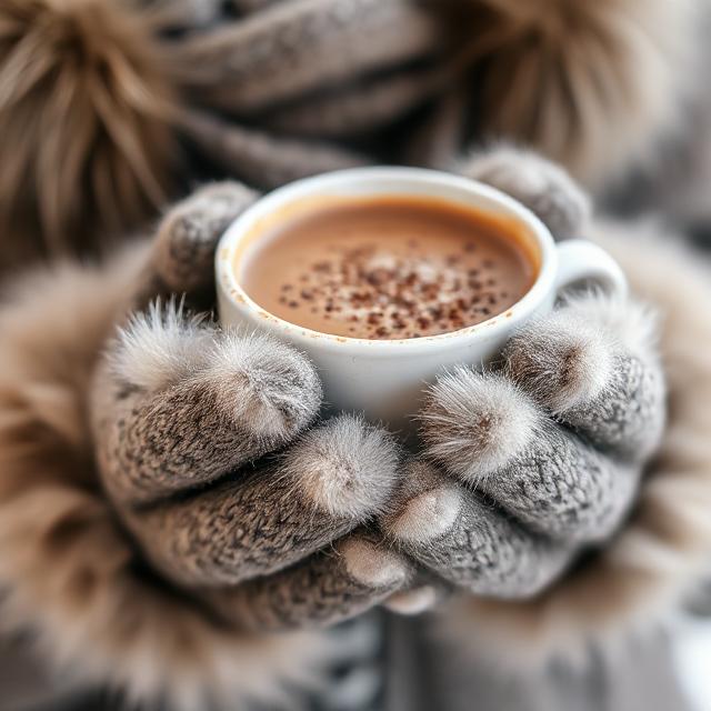 Close-up: fur-trim gloves holding a hot chocolate