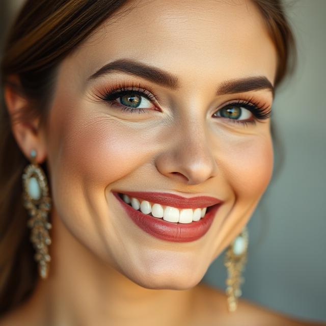 Close-up of a confident smile, statement earrings, and soft glam makeup