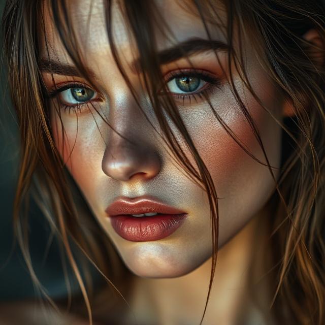 Close-up of a model with wet waves and glowy makeup