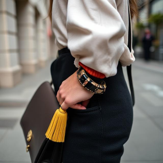 Close-up of bold accessories and outfit textures on a city sidewalk