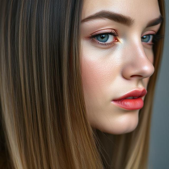 Close-up of glassy straight hair + minimal makeup
