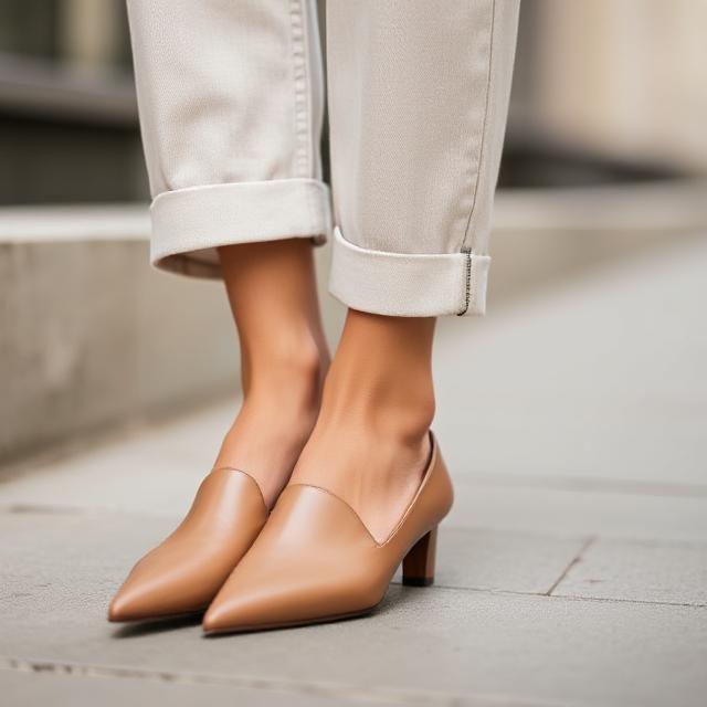 Close-up of pointed mules with cropped pants