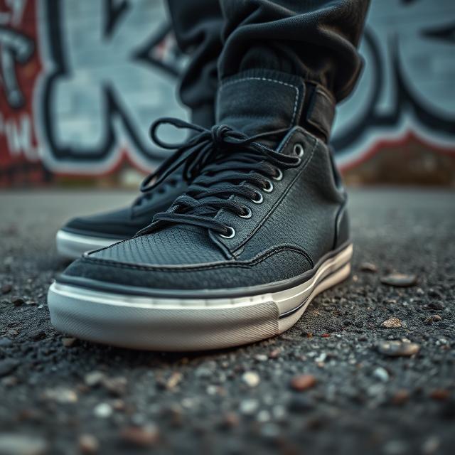 Close-up of sneakers on gritty pavement with laces loose and graffiti background