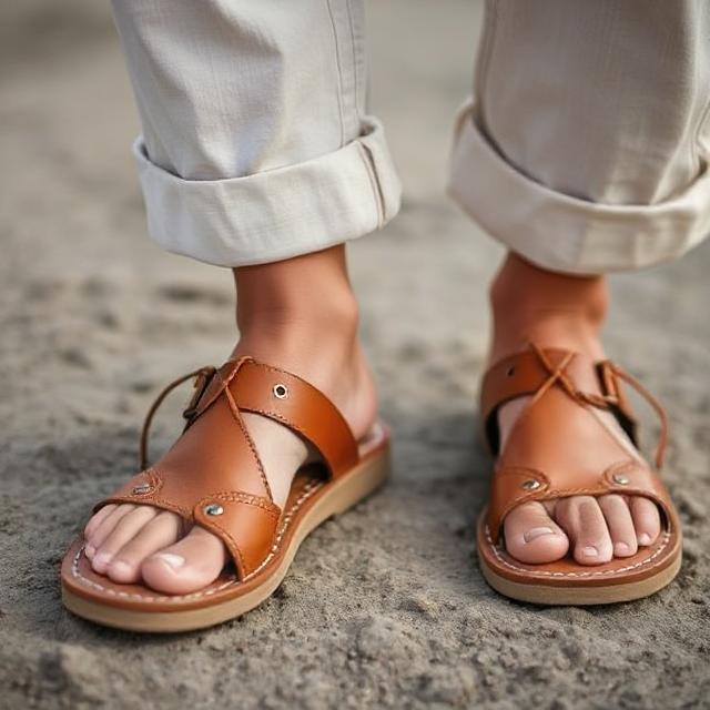 Close-up of tan leather fisherman sandals styled with linen pants
