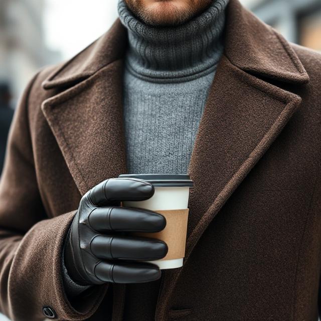 Close-up shot of man’s outfit: wool coat, cashmere turtleneck, leather gloves holding coffee cup, blurred winter city background