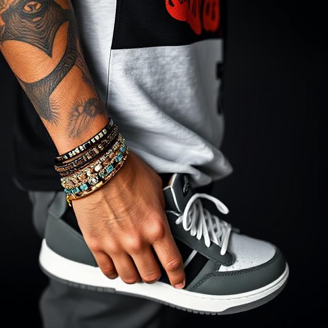 Close-up shot of tee print, stacked bracelets, and sneaker profile