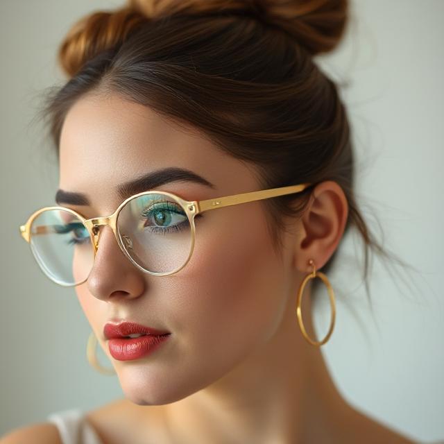 Close-up: soft makeup, bun, gold hoops, and clear glasses