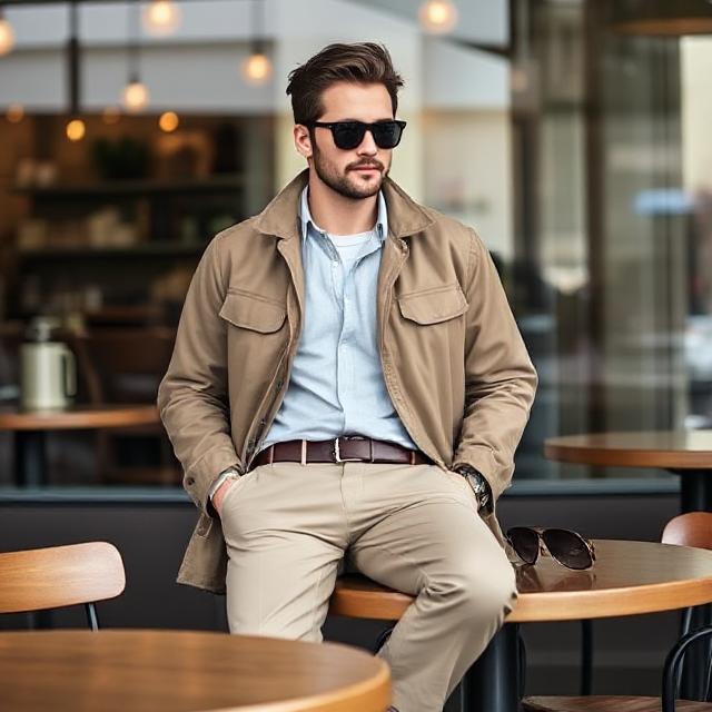 Coffee shop fit pic: cropped trousers, layered jacket, sunglasses on table