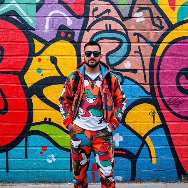 Colorful mural background with subject in bold graphic outfit