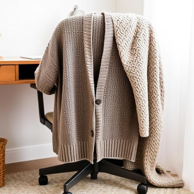 Cozy cardigan draped over desk chair, next to a knit throw