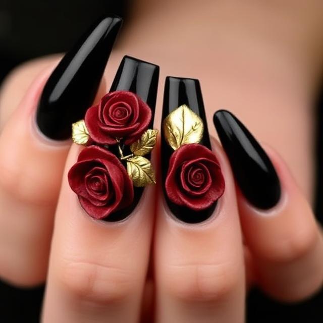 Deep Red Roses with Gold Leaves