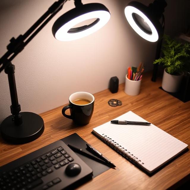 Desk setup with ring light, notepad, and coffee