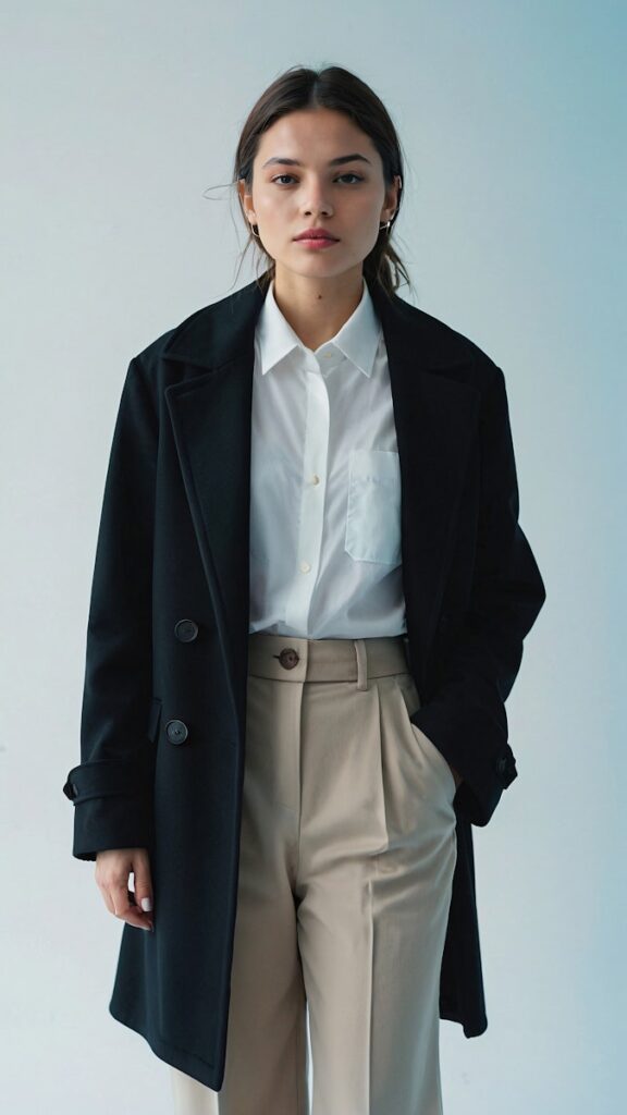 Elegant Woman in Black Coat Business Casual Outfits