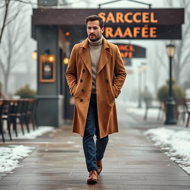 Elegant man walking toward brunch café on cold day, wearing camel trench coat, beige turtleneck, navy trousers, brown dress shoes, foggy winter backdrop