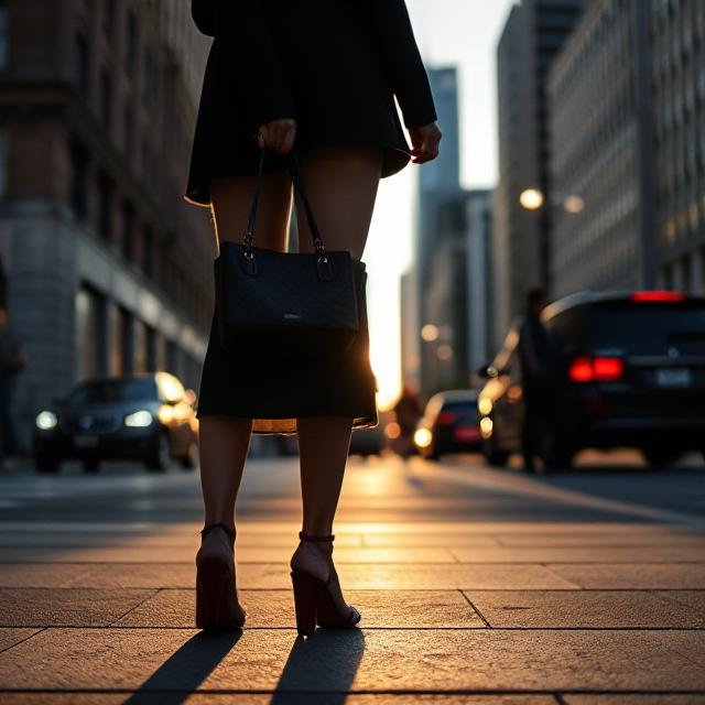 Evening city shot with shadows, bag detail, and sandals popping