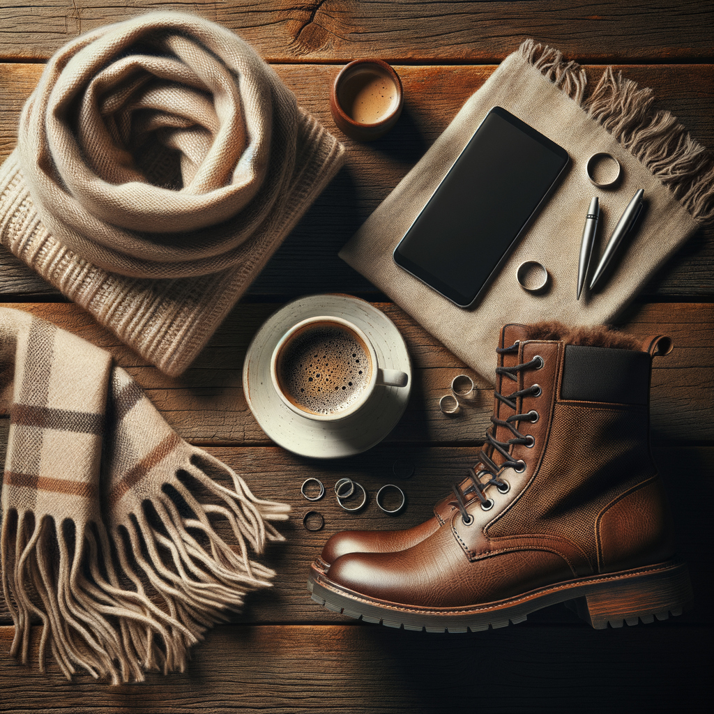 Flat lay: coat + boots + scarf + coffee cup + phone + rings