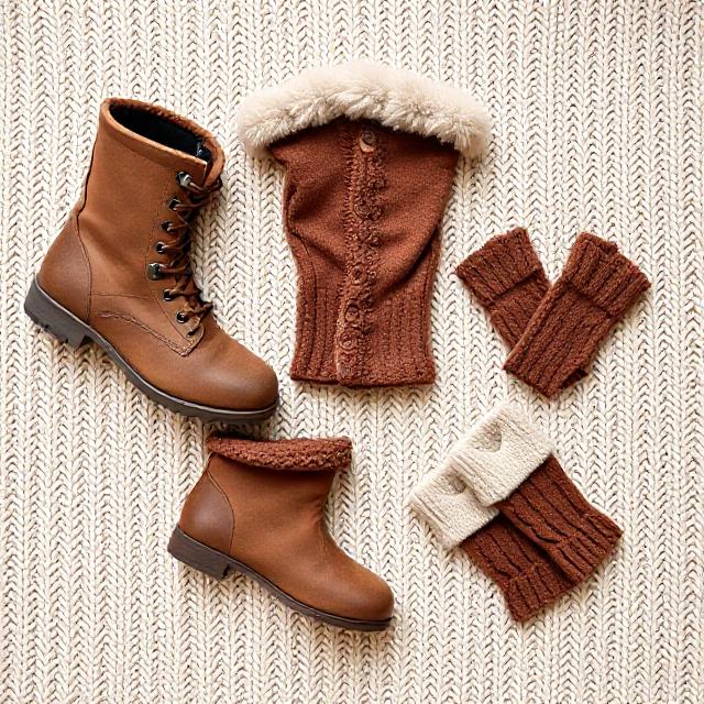 Flat lay of boots + leg warmers + gloves on cozy knit background