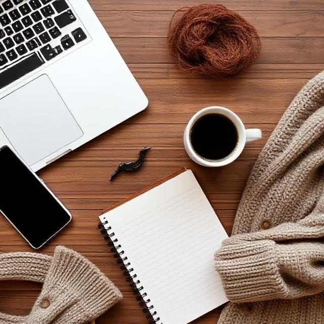 Flat lay of laptop, notebook, coffee, and cozy cardigan