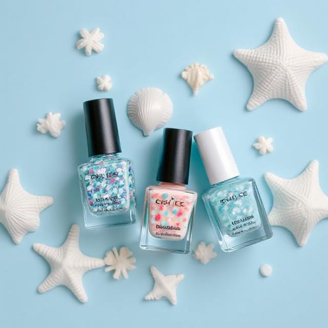 Flat lay of ocean-themed nail polish bottles + seashells