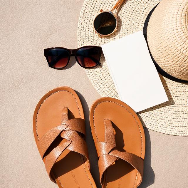Flat lay of sandals with sunhat, book, and sunglasses