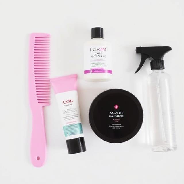 Flat lay: wide-tooth comb, curl cream, shine gel, spray bottle