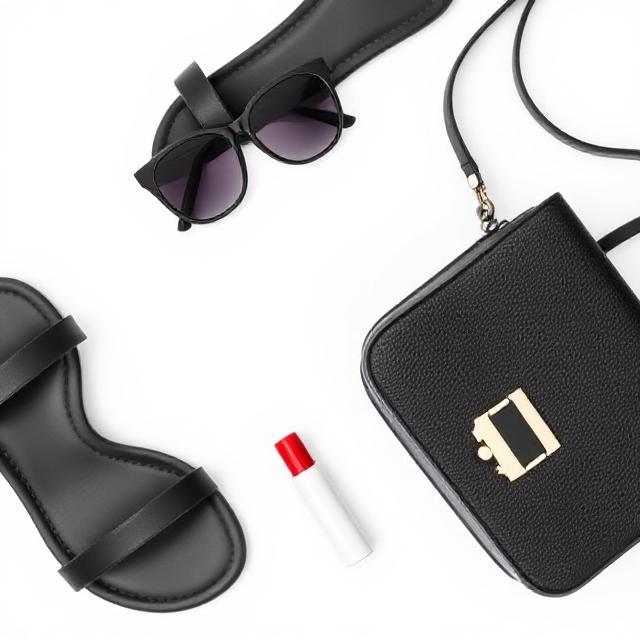 Flat lay with black sandals, black bag, sunglasses, and red lipstick