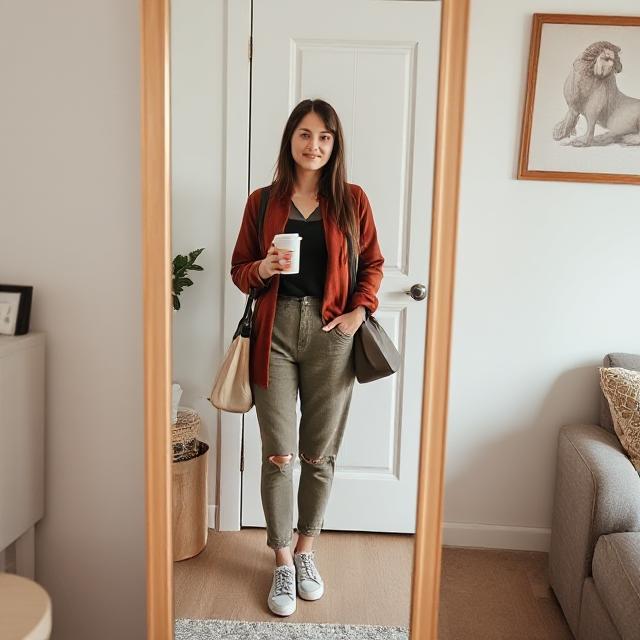 Full-body mirror shot at home with outfit, coffee cup, and tote