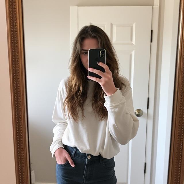 Full outfit mirror selfie with wavy wet hair