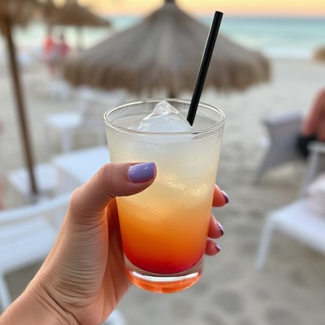 Hand holding iced drink with beachy nail color fade
