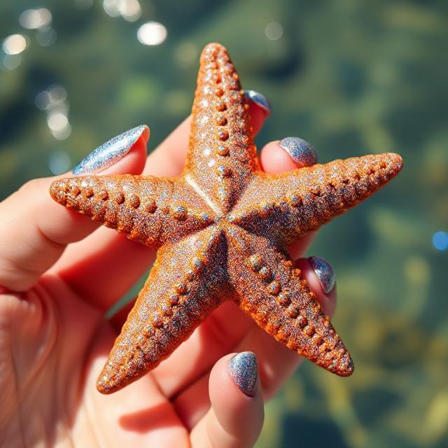 Hand holding starfish with holographic shimmer polish