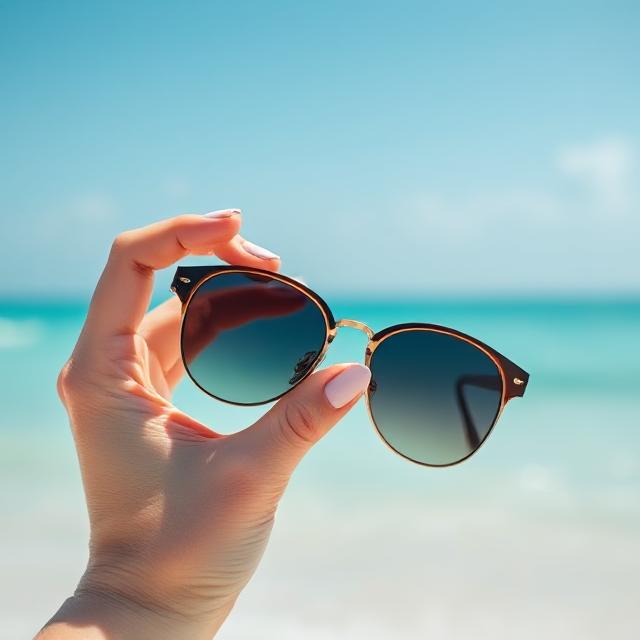 Hand holding sunglasses at the beach, nails in soft aqua ombré