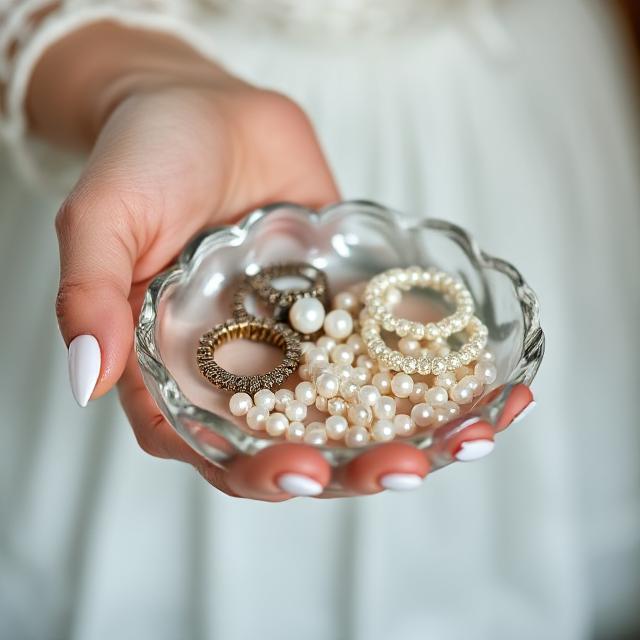 Hand near jewelry tray with pearl-accented sea nails
