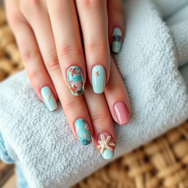 Hand placed on towel with sea-inspired nail art and accessories