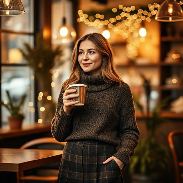 Indoor cafe scene, woman wearing wool turtleneck and skirt, soft winter lighting, holding coffee, background bokeh with plants and fairy lights